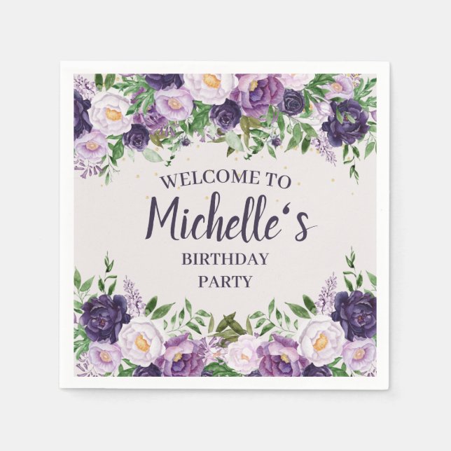 Serviette En Papier Purple Peonies Floral Femmes's Birthday Bienvenue (Devant)