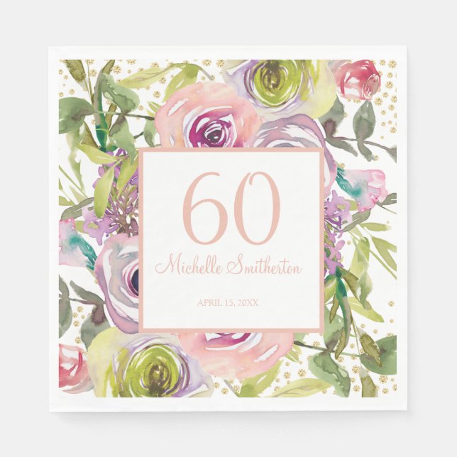 Serviette En Papier Purple rose Floral Gold Parties scintillant 60e an (Devant)