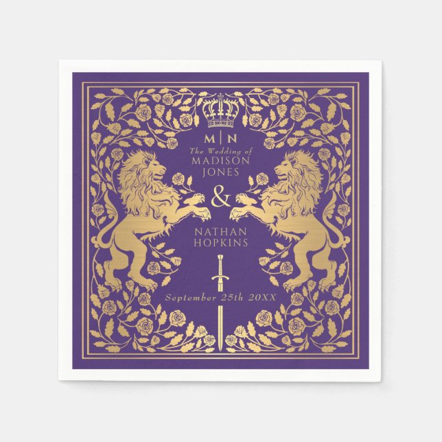 Serviette En Papier Purple Royal Lion Médiéval Mariage d'épée (Devant)