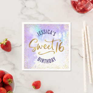 Serviette En Papier Purple Sweet 16 Aquarelle Gold Girly Anniversaire
