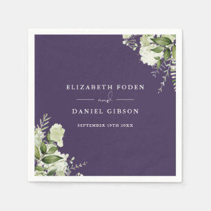 Serviette En Papier Purple Vert Floral Élégant Noms Date