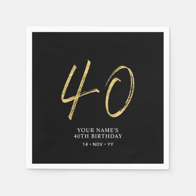 Serviette En Papier Quarante | Gold & Black Lettering 40th Birthday Pa (Devant)