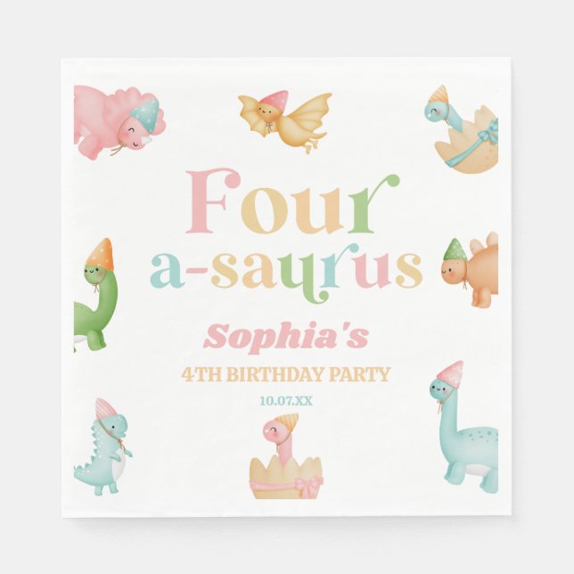 Serviette En Papier Quatre A-Saurus Dinosaur 4e fête d'anniversaire (Devant)