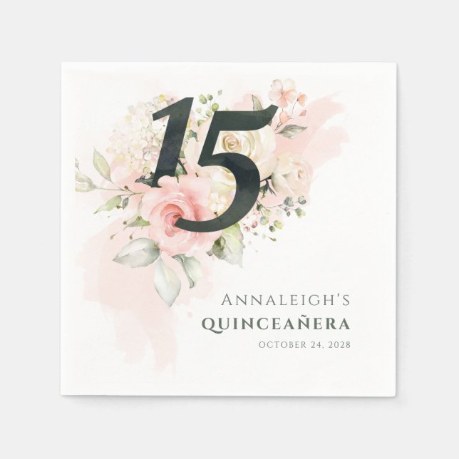 Serviette En Papier Quinceanera 15e anniversaire fête rose florale (Devant)