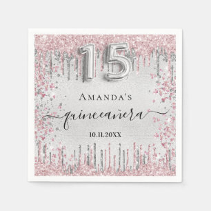 Serviette En Papier Quinceanera argent rose parties scintillant nom go