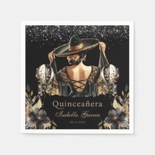 Serviette En Papier Quinceañera Black Gold Aquarelle Mexicaine fille