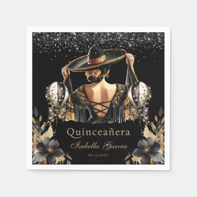 Serviette En Papier Quinceañera Black Gold Aquarelle Mexicaine fille (Devant)