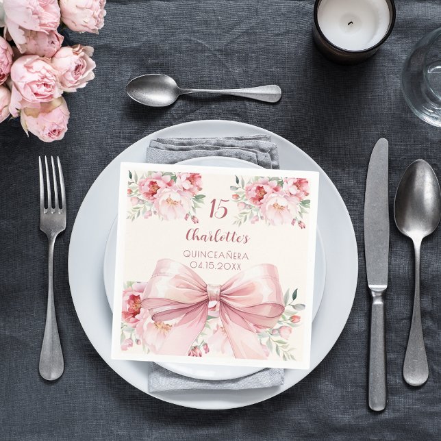 Serviette En Papier Quinceanera bleu crème arc rose fleurons rose (Créateur téléchargé)