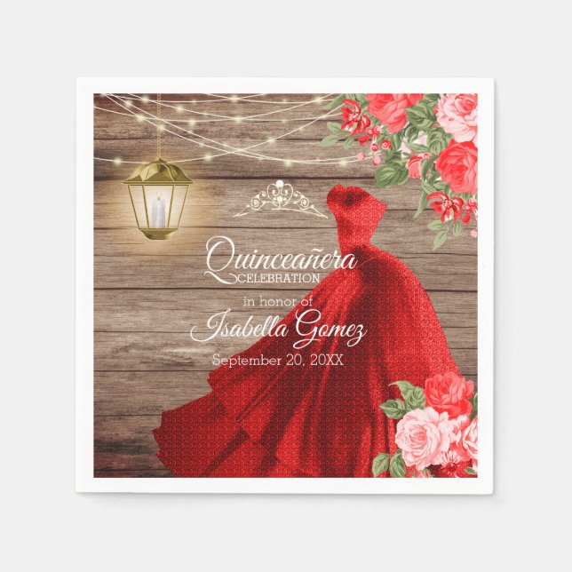 Serviette En Papier Quinceañera Bois et Fleurs rouges (Devant)