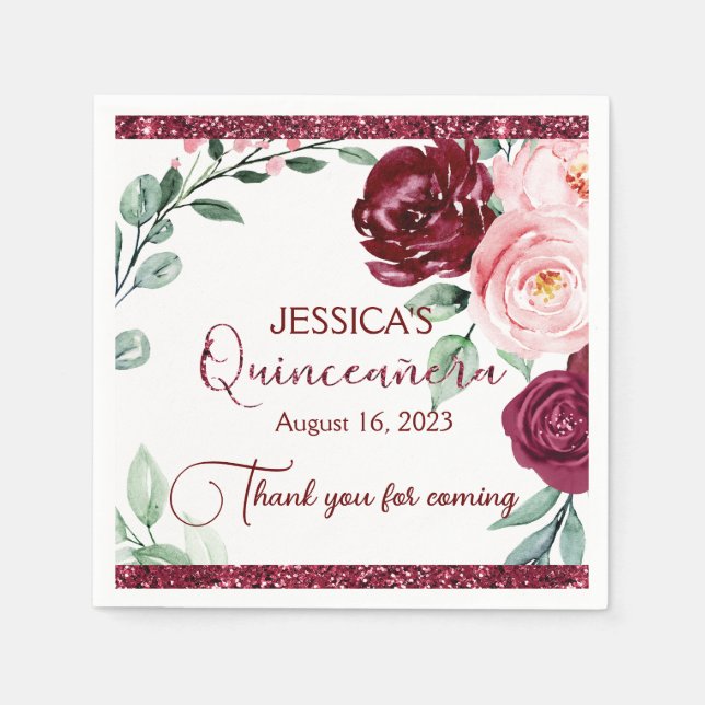 Serviette En Papier Quinceanera Bourgogne Rouge Floral Papier Napkin (Devant)