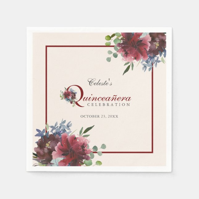 Serviette En Papier Quinceanera de Bourgogne et de Flore Bleue (Devant)