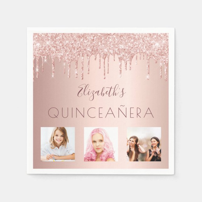 Serviette En Papier Quinceanera fête photo rose gouttes dorées rose (Devant)
