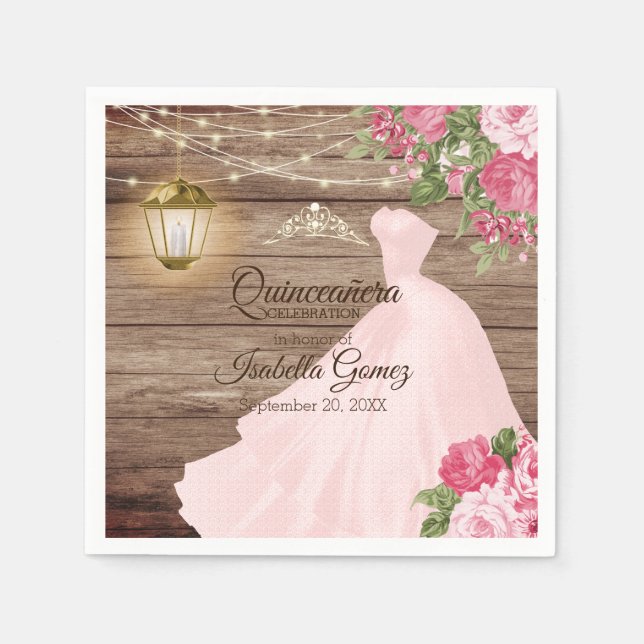 Serviette En Papier Quinceañera Fleurs de bois et de mauve rose (Devant)