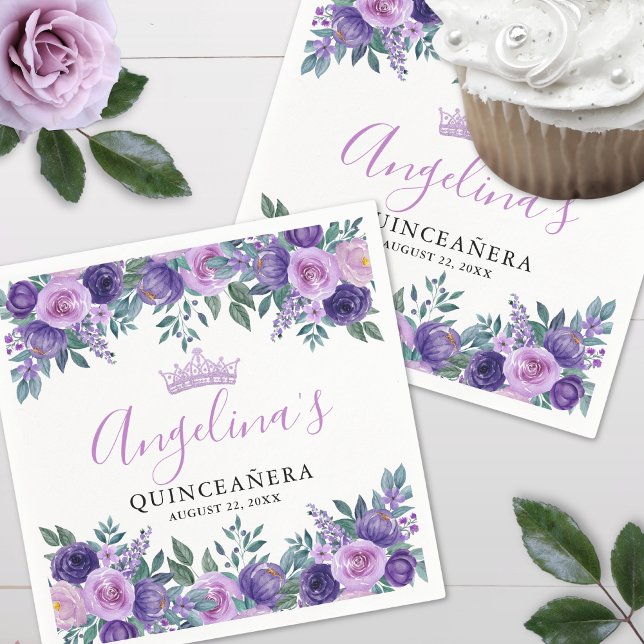 Serviette En Papier Quinceanera Floral Violet (Floral Purple Quinceanera Napkins)