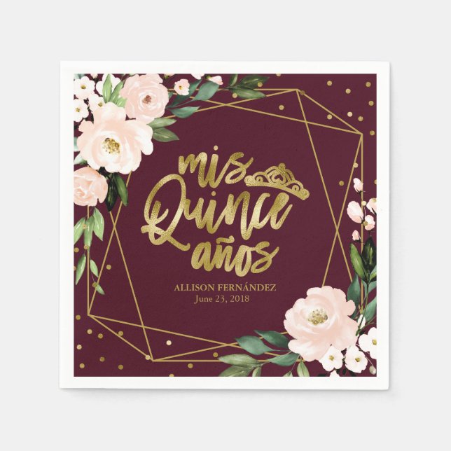 Serviette En Papier Quinceanera florale de Bourgogne (Devant)