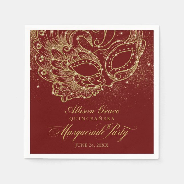 Serviette En Papier Quinceanera Masquerade Party Gold Bourgogne (Devant)