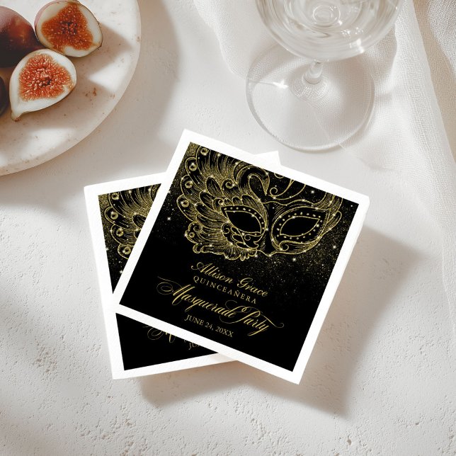 Serviette En Papier Quinceanera Masquerade Party Gold Noir (Créateur téléchargé)