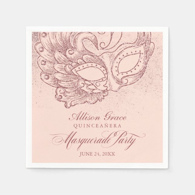 Serviette En Papier Quinceanera Masquerade Party Rose or rose (Devant)