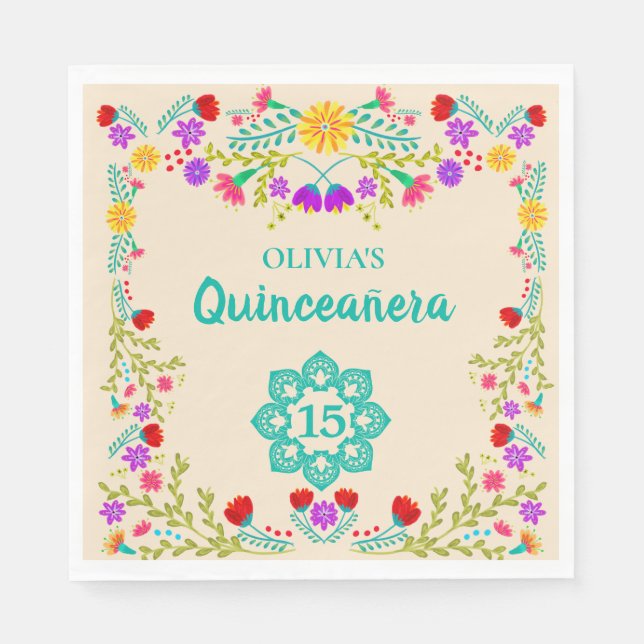 Serviette En Papier Quinceanera Mexicaine Floral Sweet 15 Anniversaire (Devant)