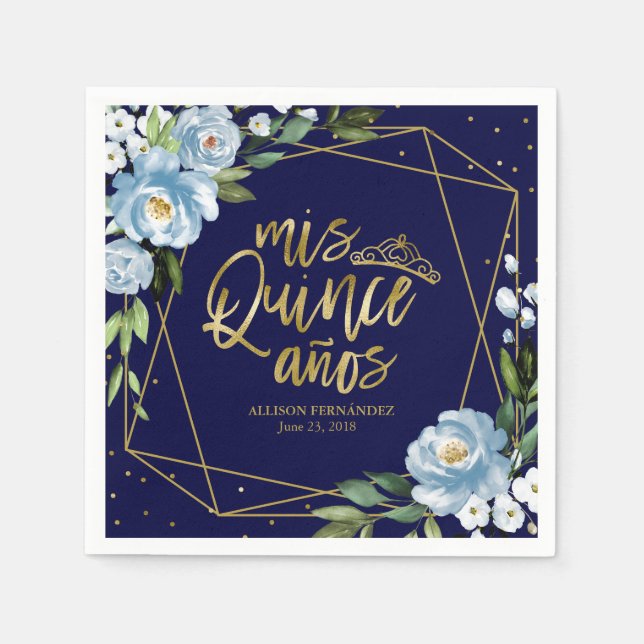 Serviette En Papier Quinceanera or bleu floral (Devant)