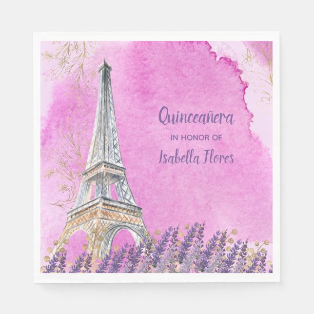 Serviette En Papier Quinceanera Paris Tour Eiffel Aquarelle rose (Devant)