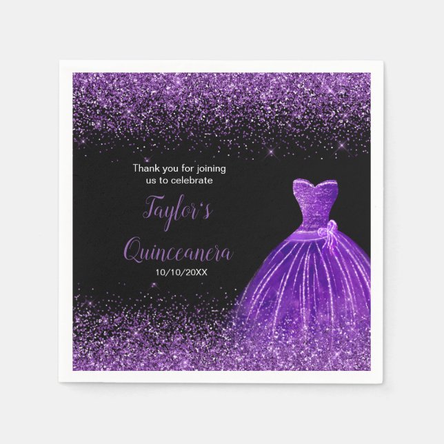 Serviette En Papier Quinceanera Parties scintillant Faux violet foncé (Devant)
