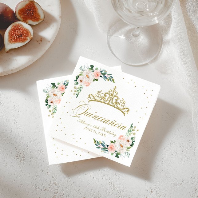 Serviette En Papier Quinceanera Party Gold Tiara Blush Rose Floral (Créateur téléchargé)