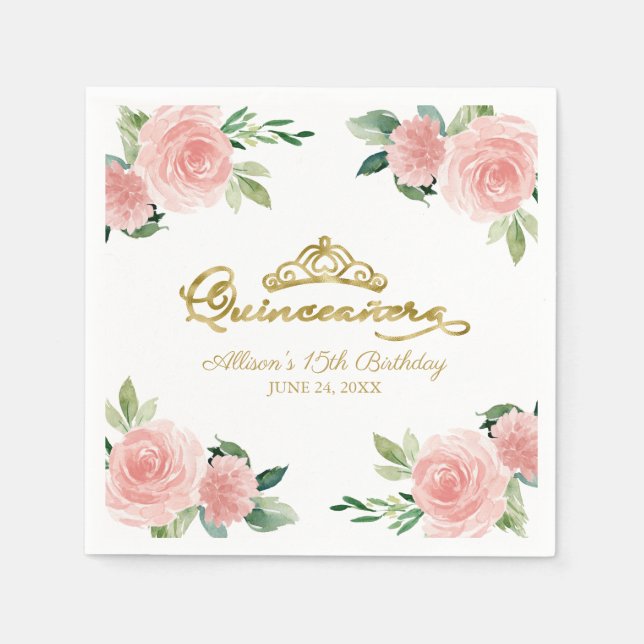 Serviette En Papier Quinceanera Party Gold Tiara Blush Rose Floral (Devant)