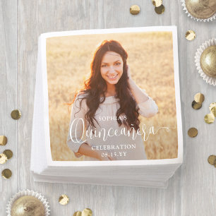 Serviette En Papier Quinceañera Photo et moderne Script blanc tendance