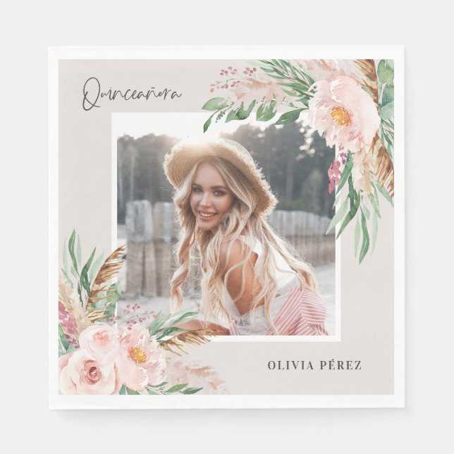 Serviette En Papier Quinceañera Pink girly floral photo anniversaire I (Devant)