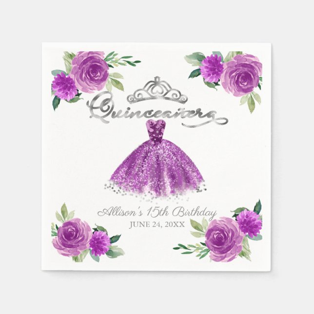 Serviette En Papier Quinceanera Purple Aquarelle Gown Floral (Devant)
