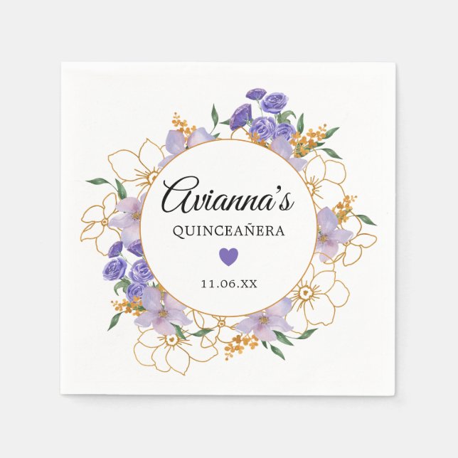 Serviette En Papier Quinceanera Purple Gold Floral Party (Devant)
