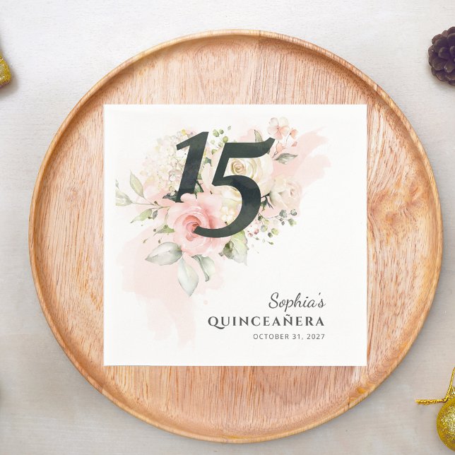 Serviette En Papier Quinceanera Rose Floral Rustique 15ème anniversair (Quinceanera Pink Floral Rustic 15th Birthday Party Paper Napkins)