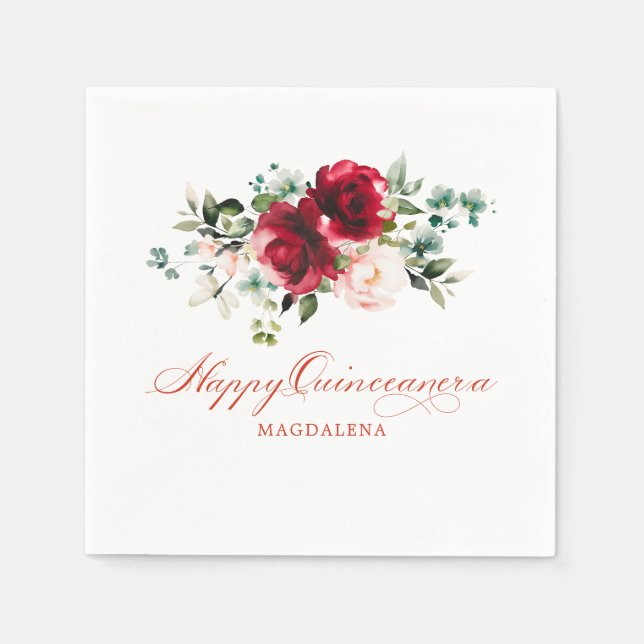 Serviette En Papier Quinceanera Rose Rouge Floral Personnalisé (Devant)