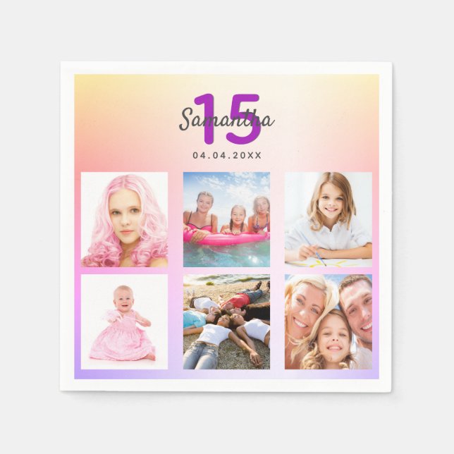 Serviette En Papier Quinceanera rose violet rose or nom (Devant)