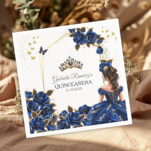 Serviette En Papier Quinceañera Roses Couronne Dorée Bleu Marine