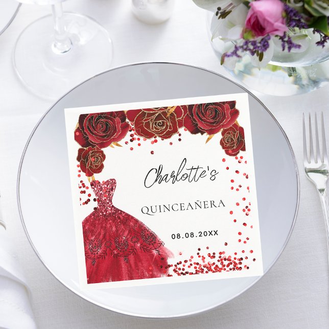 Serviette En Papier Quinceanera rouge fleurs de robe blanc (Créateur téléchargé)