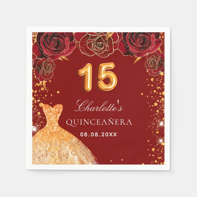 Serviette En Papier Quinceanera rouge or parties scintillant robe flor (Devant)