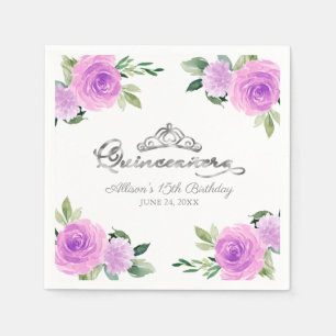 Serviette En Papier Quinceanera Silver Foil Tiara Coloré Floral