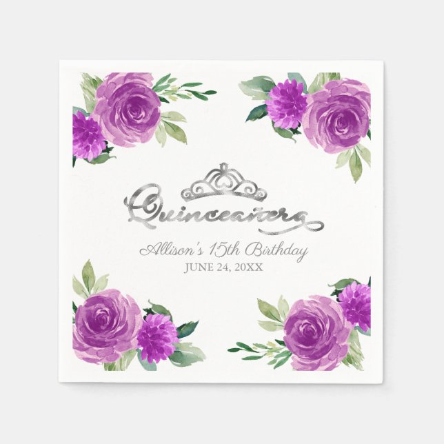 Serviette En Papier Quinceanera Silver Foil Tiara Purple Floral (Devant)