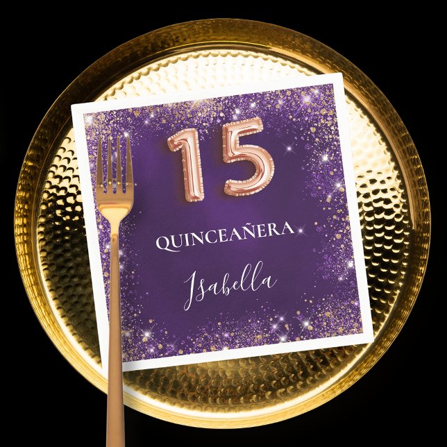 Serviette En Papier Quinceanera violet rose or pétillant nom (Créateur téléchargé)