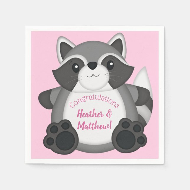 Serviette En Papier Raccoon Baby shower rose (Devant)