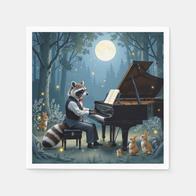 Serviette En Papier Raccoon Jouer un grand piano dans la forêt (Devant)