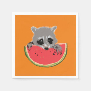 Serviette En Papier Raccoon mangeant de la pastèque