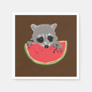 Serviette En Papier Raccoon mangeant de la pastèque