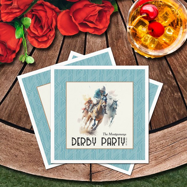 Serviette En Papier Racehores Derby Party Aqua (Racehorses and Jockeys Derby Party Aqua Napkins)