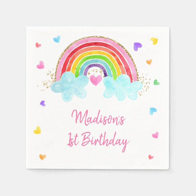 Serviette En Papier Rainbow Cloud Hearts Or rose Anniversaire (Devant)