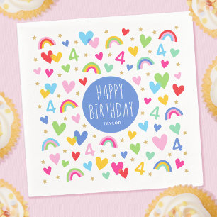 Serviette En Papier Rainbow Hearts 4th Birthday Party Nom personnalisé