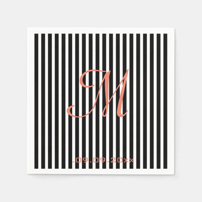 Serviette En Papier Rayures Monogramme Fête Black White (Devant)