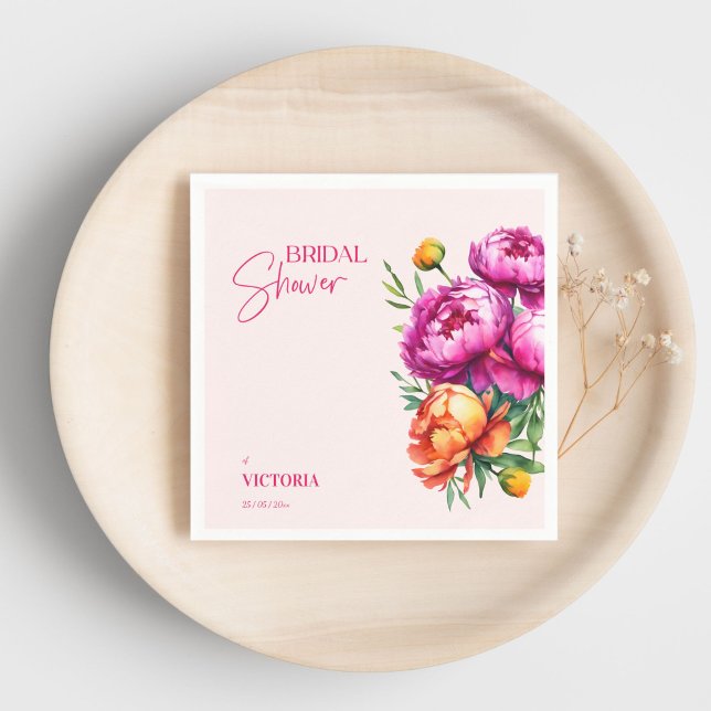 Serviette En Papier Reception de mariage élégante avec pivoines roses  (Pink magenta peach peonies elegant bridal shower custom template napkins personalized tableware)